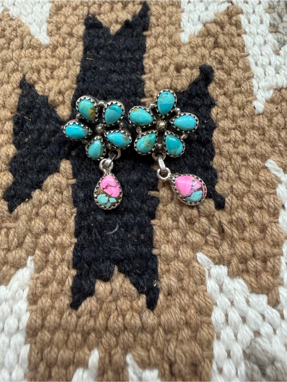 Mohave turquoise with cotton candy flower dangle earrings sterling silver